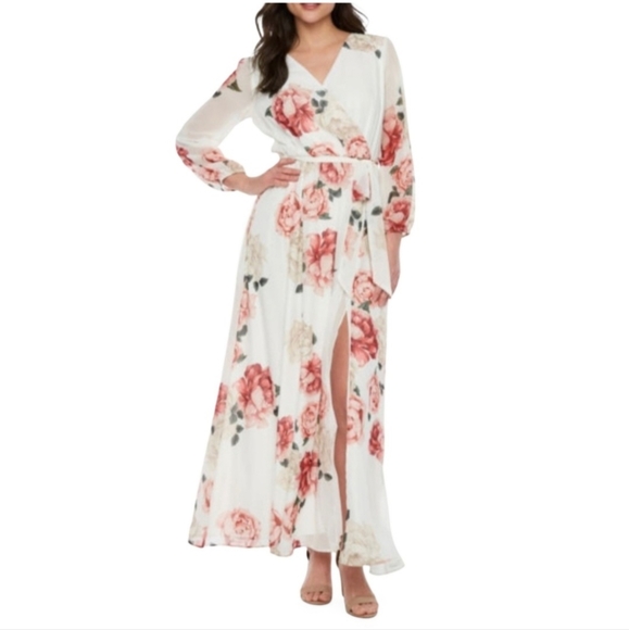 NWT Premier Amour Floral Maxi Long Sleeve Maxi Dress Ivy/blush Size 12 Faux Wrap - Picture 1 of 11
